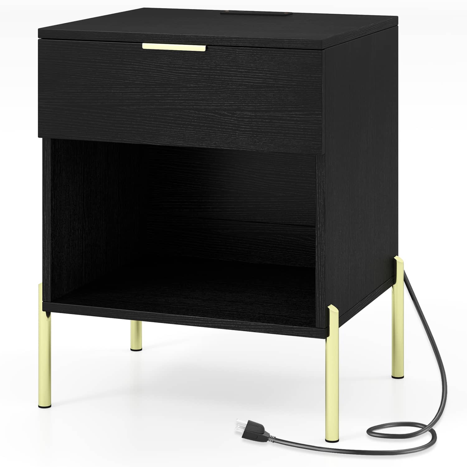 WELLFOR - Modern Nightstand with Charging Station - Black