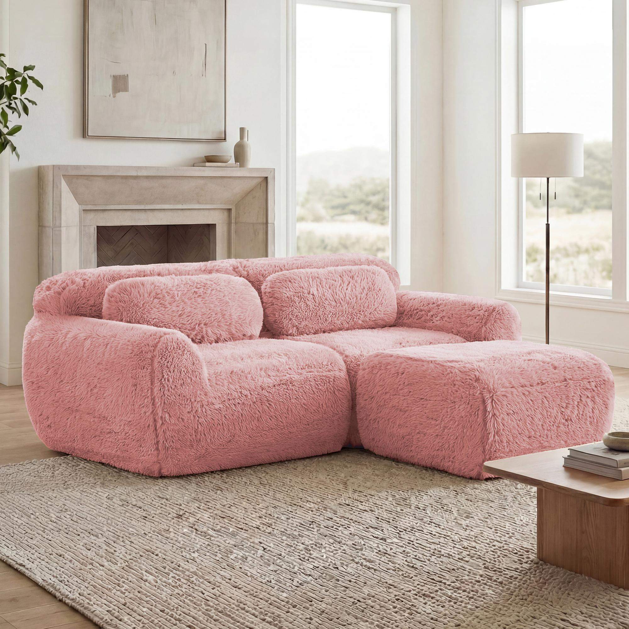 Back. Roomtec - Lshaped Boneless SofaSoft Fluffy Plush FabricWith Chaise 32D High Density SpongeNo Assembly RequiredErgonomic Design - Pink.