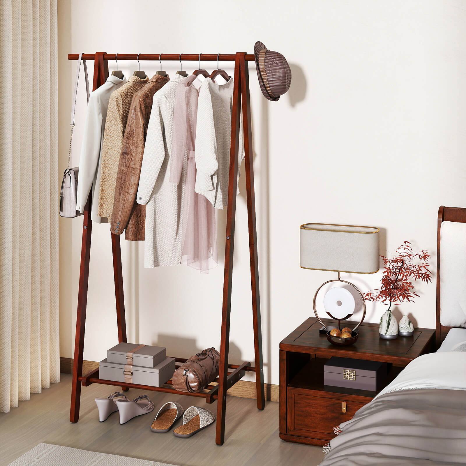 Alt View 3. Costway - Costway Folding Rubber Wood Clothes Hanging Rack with Bottom Storage Shelf for Bedroom - Walnut.