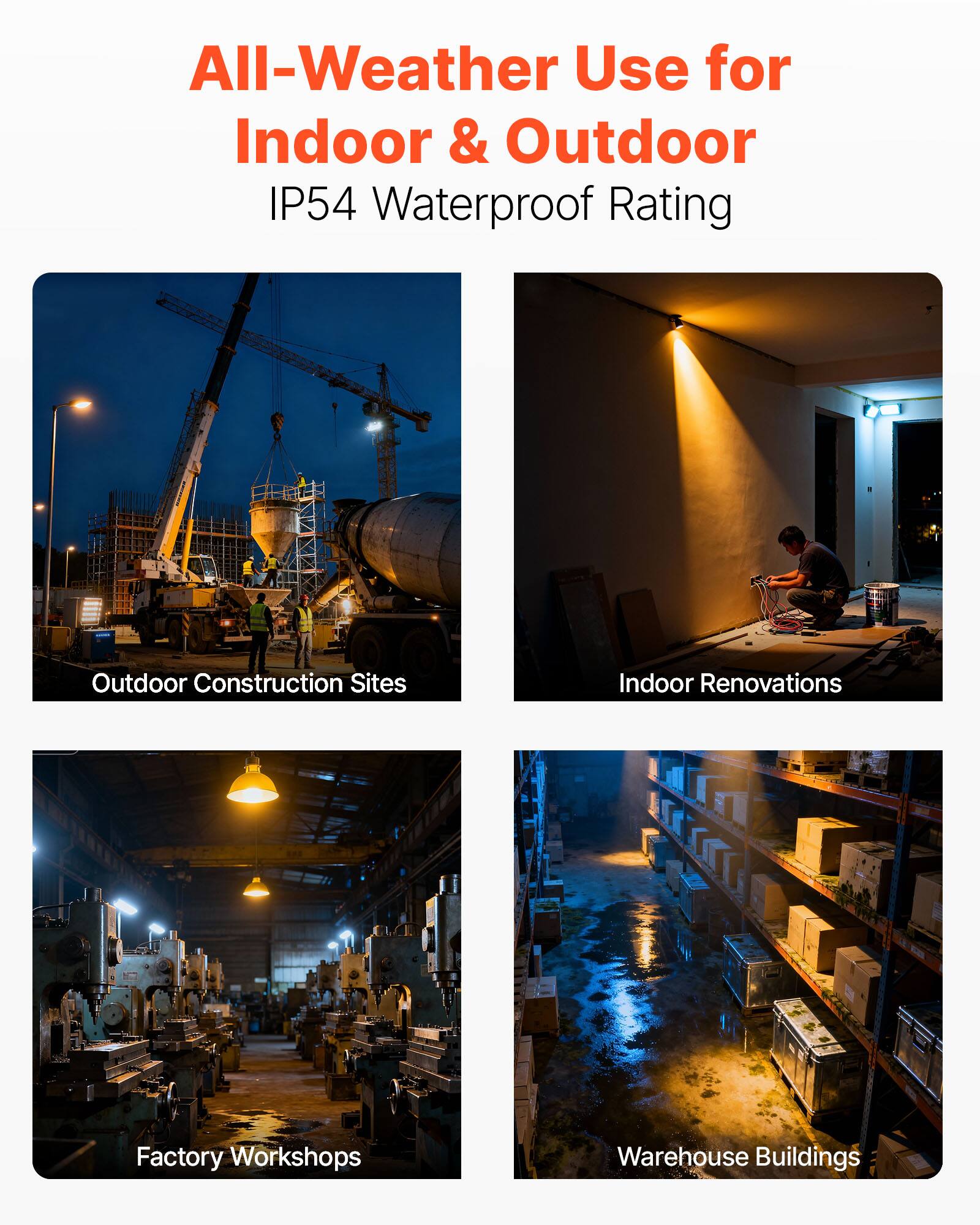 All-Weather Use for Indoor & Outdoor  
IP54 Waterproof Rating  

Outdoor Construction Sites  
Indoor Renovations  
Factory Workshops  
Warehouse Buildings