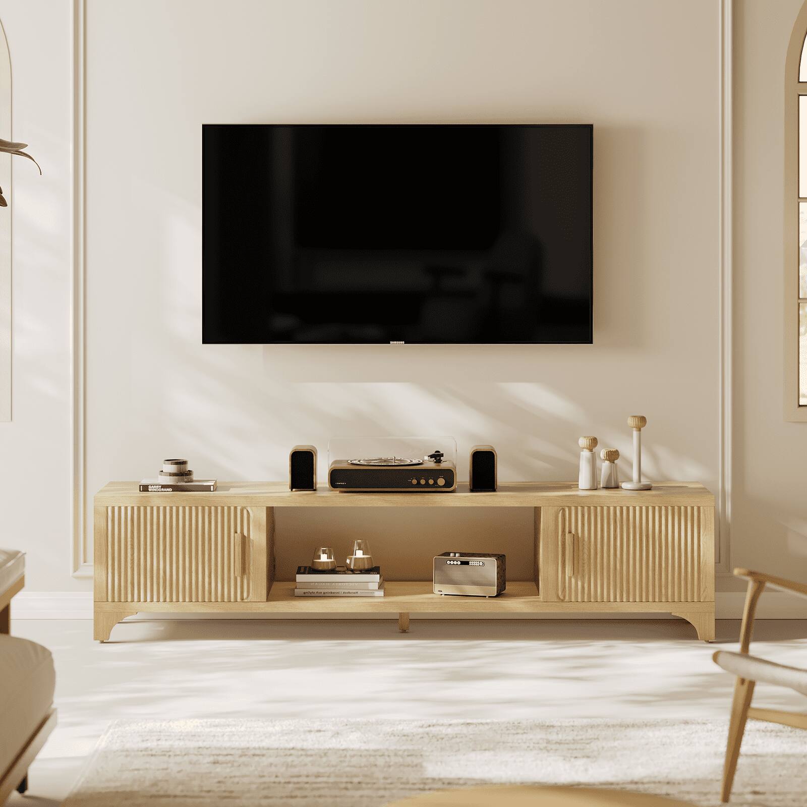 Angle. Sugift - Modern Media Console with Fluted Doors and Storage for TVs up to 75 Inches - Brown.