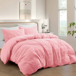 Peace Nest - Tufted Clipped Jacquard Geometric Duvet Cover & Pillowcase Set - Square Pink