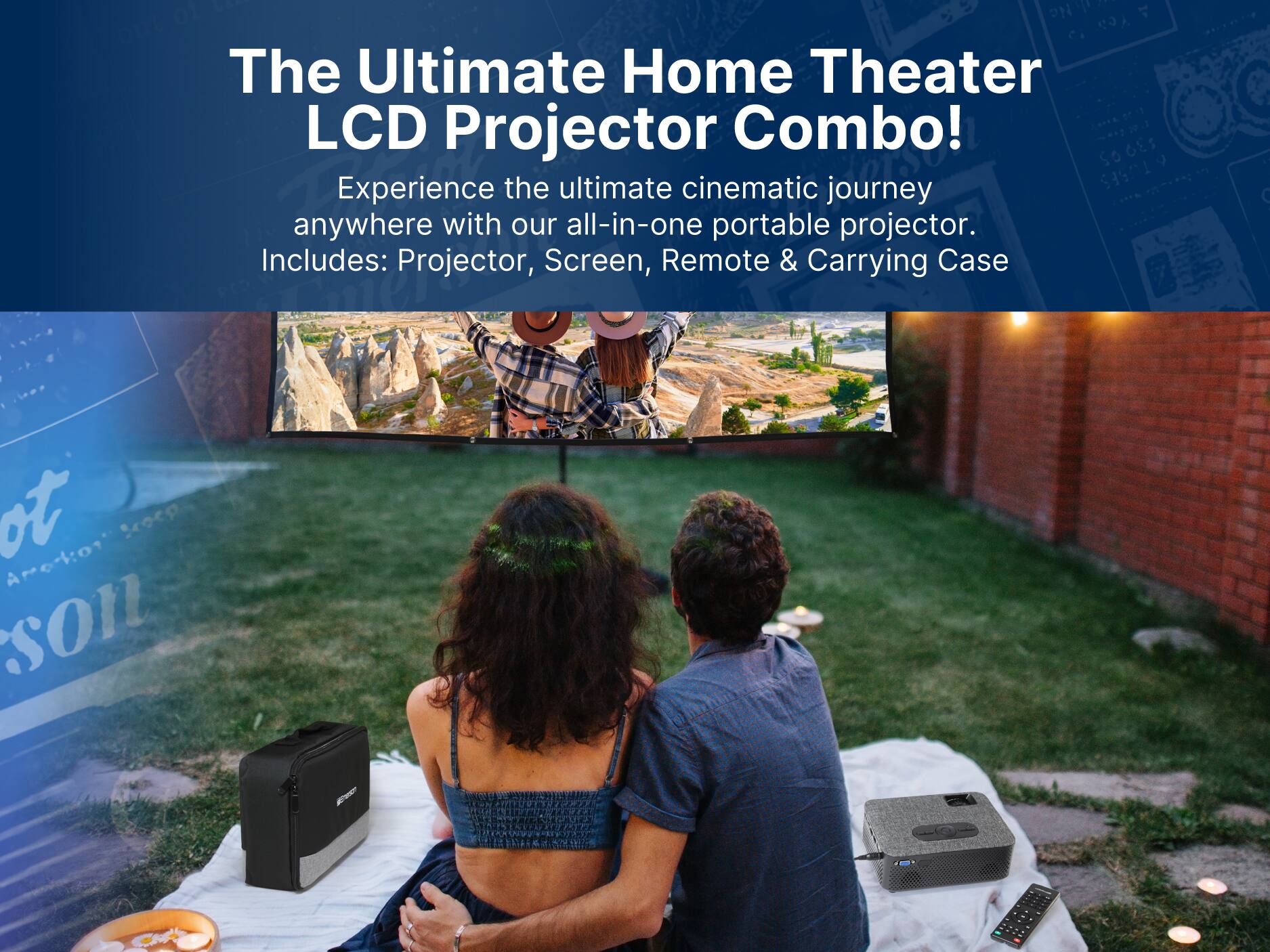 The Ultimate Home Theater LCD Projector Combo! Experience the ultimate cinematic journey anywhere with our all-in-one portable projector. Includes: Projector, Screen, Remote & Carrying Case.