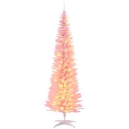 PULUZ - 6ft Pencil Christmas Tree, Slim Artificial Christmas Tree with Realistic Branches and Warm White LED Lights - Pink