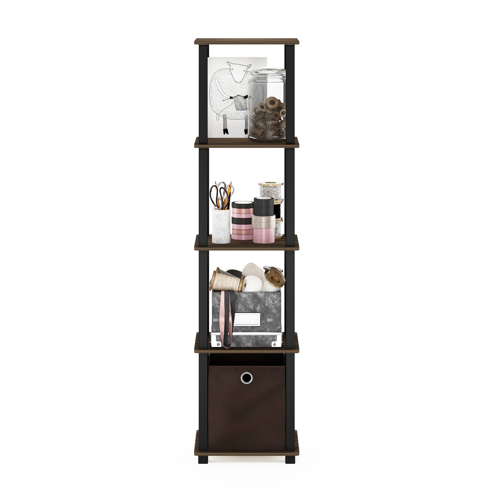 Alt View 4. Furinno - TNT No Tools 5-Tier Display Decorative Shelf with One Bin, Columbia Walnut/Black/Dark Brown - Columbia Walnut/Black/Dark Brown.
