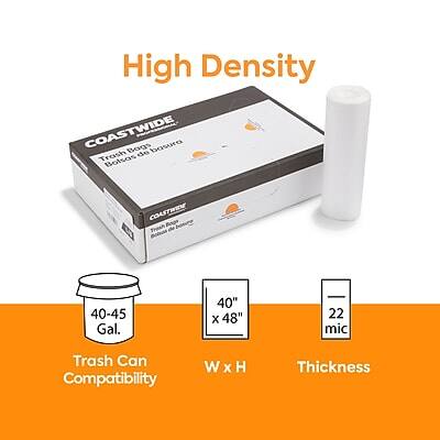 High Density  
COASTWIDE  
Trash Bag - Basura Trash de Bolsas  
40-45 Gal.  
40" x 48"  
22 mic  
Trash Can Compatibility  
W x H  
Thickness