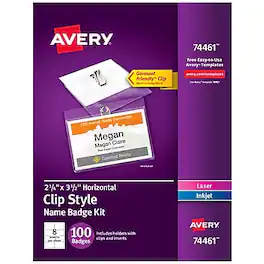 Avery - Clip Style Laser/Inkjet Name Badge Kit, 2 1/4" x 3 1/2", Holders with White Inserts, 100/Box - Clear