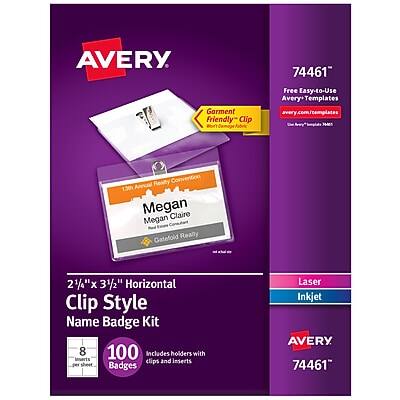 Avery - Clip Style Laser/Inkjet Name Badge Kit, 2 1/4" x 3 1/2", Holders with White Inserts, 100/Box - Clear