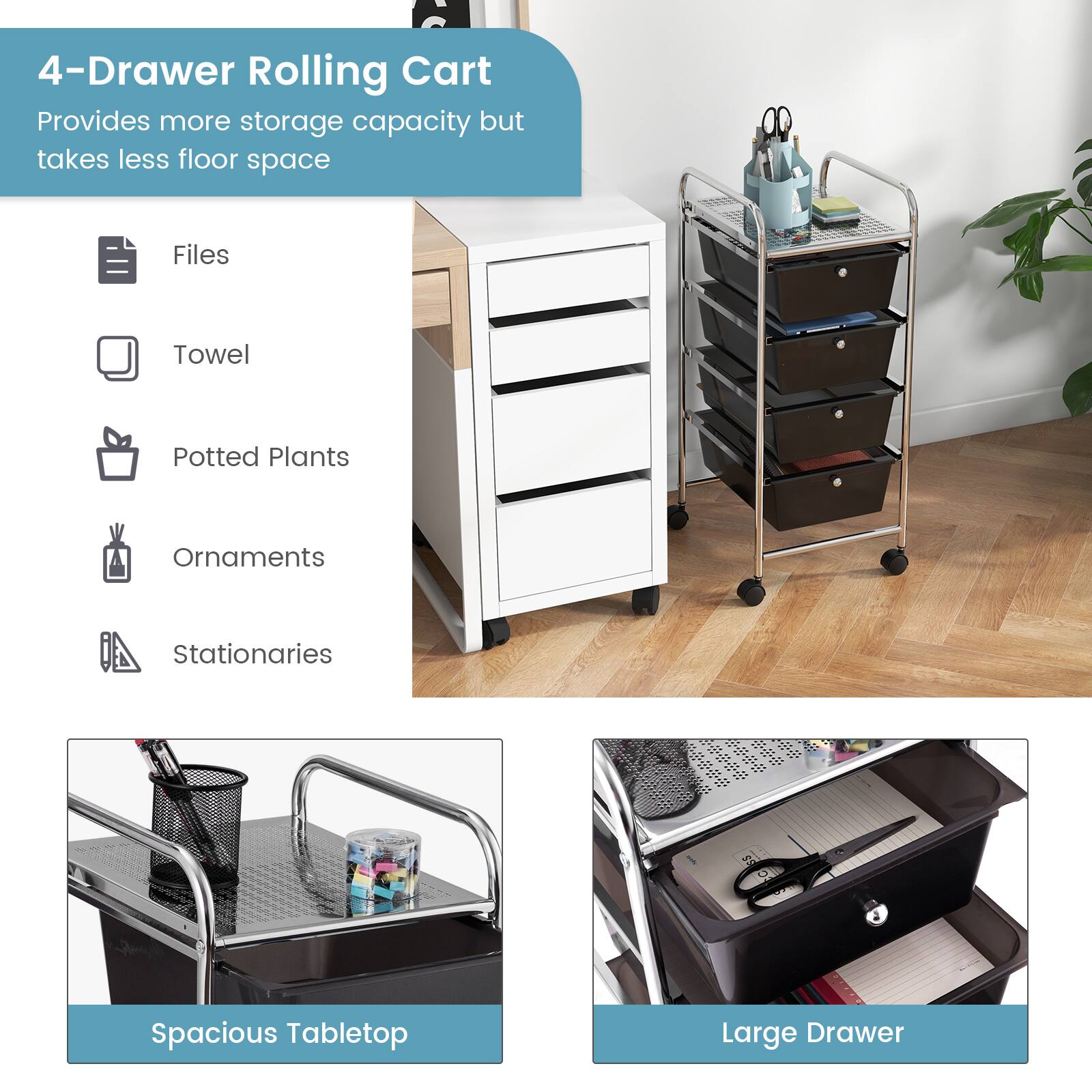 4-Drawer Rolling Cart, Provides more storage capacity but takes less floor space, Files, Towel, Potted Plants, Ornaments, Stationaries, Spacious Tabletop, Large Drawer