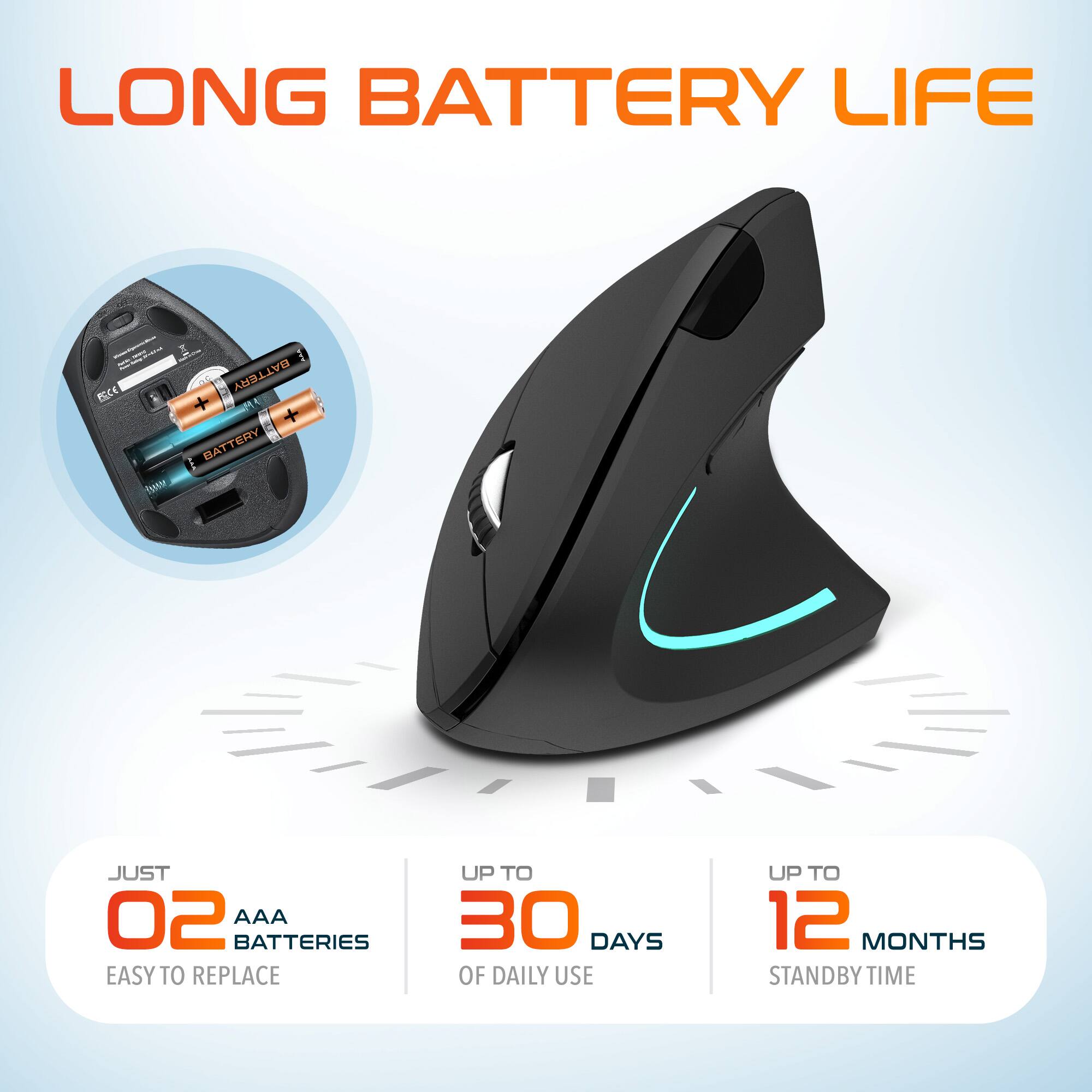 LONG BATTERY LIFE - JUST 02 AAA BATTERIES EASY TO REPLACE - UP TO 30 DAYS OF DAILY USE - UP TO 12 MONTHS STANDBY TIME