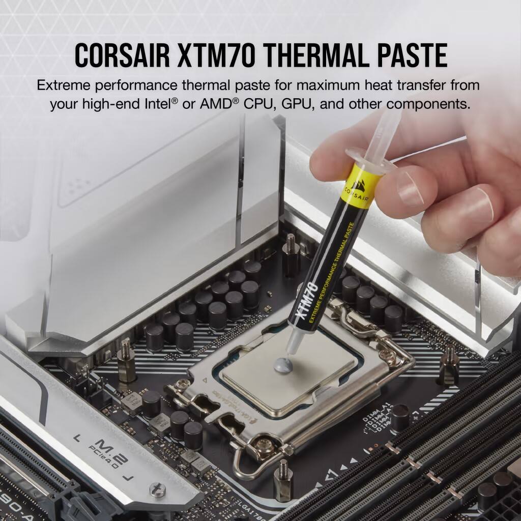 Corsair XTM70 Thermal Paste is an extreme performance thermal paste designed for maximum heat transfer from your high-end Intel or AMD CPU, GPU, and other components. The product is applied by a person using a syringe to ensure precise application.