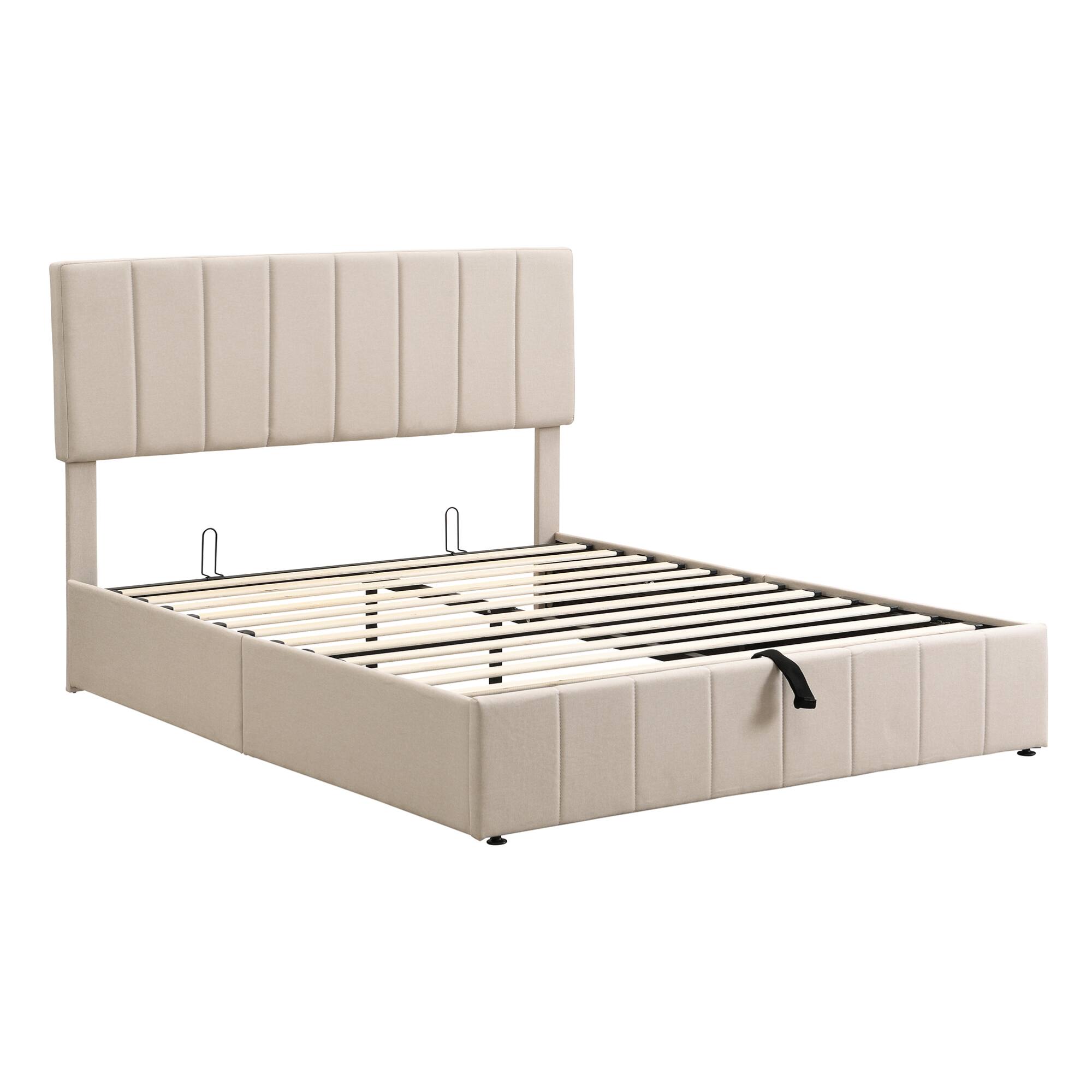 Alt View 2. GOODSILO - Queen Size Upholstered Platform Bed with Hydraulic Storage System - Beige.