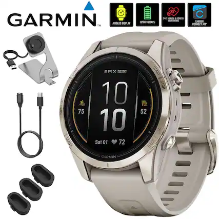 GARMIN™ AMOLED DISPLAY UPTO 10 DAYS A 24/1 HEALTH & FITNESS MONITORING CLARMIN C GARMIN CONNECT APP LIGHT CV.FZC 75 - NMD0 EPIX PRO 10 10 Sat 01 72 START STOP VO2 52 LAP BACK GARMIN