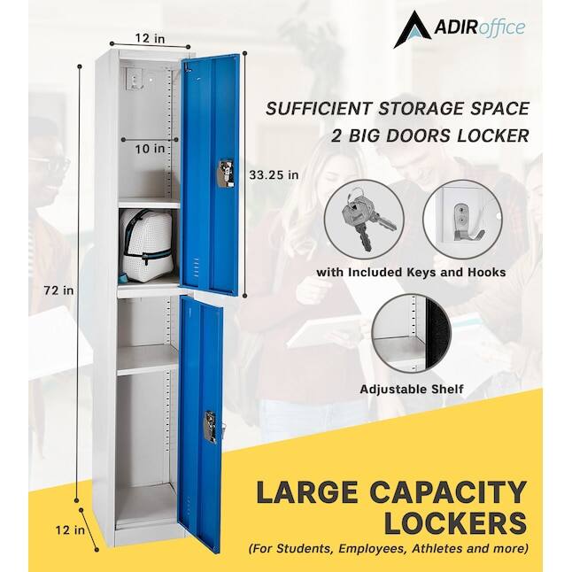 ADIRoffice, SUFFICIENT STORAGE SPACE, 2 BIG DOORS LOCKER, 33.25 in, 72 in, with Included Keys and Hooks, Adjustable Shelf, LARGE CAPACITY LOCKERS (For Students, Employees, Athletes and more), 12 in, 12 in