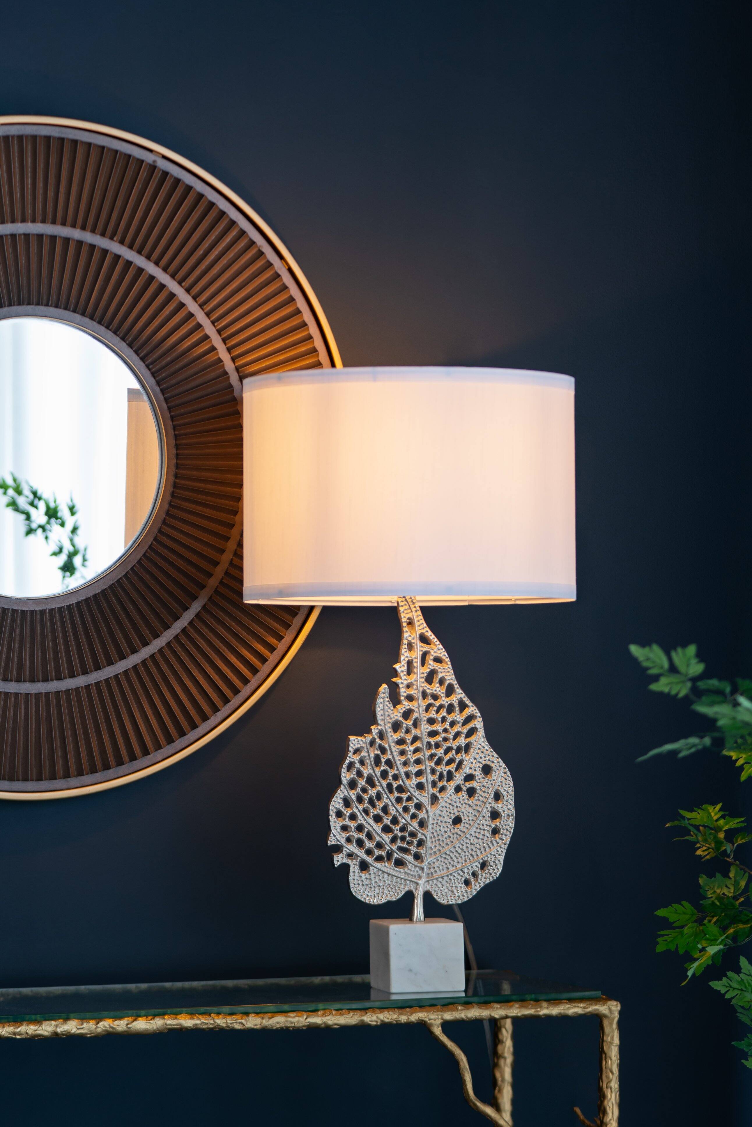 Left. Dexmalle - Dexmalle-Silver Leaf Desk Lamp with Drum Shade and Marble Base-White.