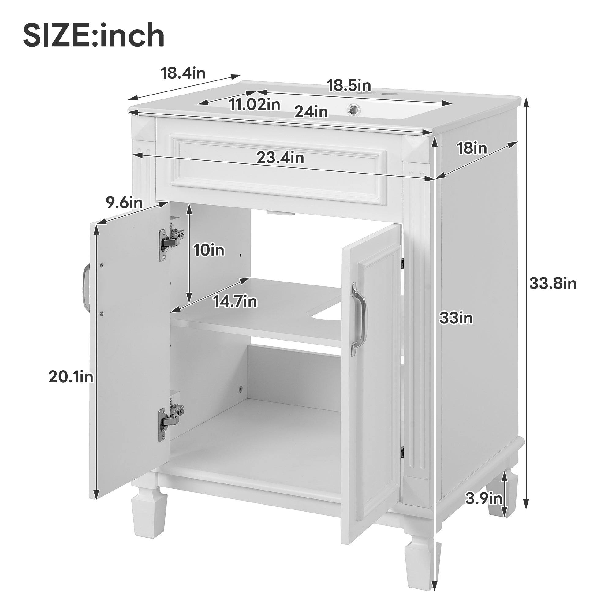 SIZE: inch  
18.4in 18.5in 11.02in 24in 23.4in 18in 9.6in 10in 14.7in 33in 33.8in 20.1in 3.9in