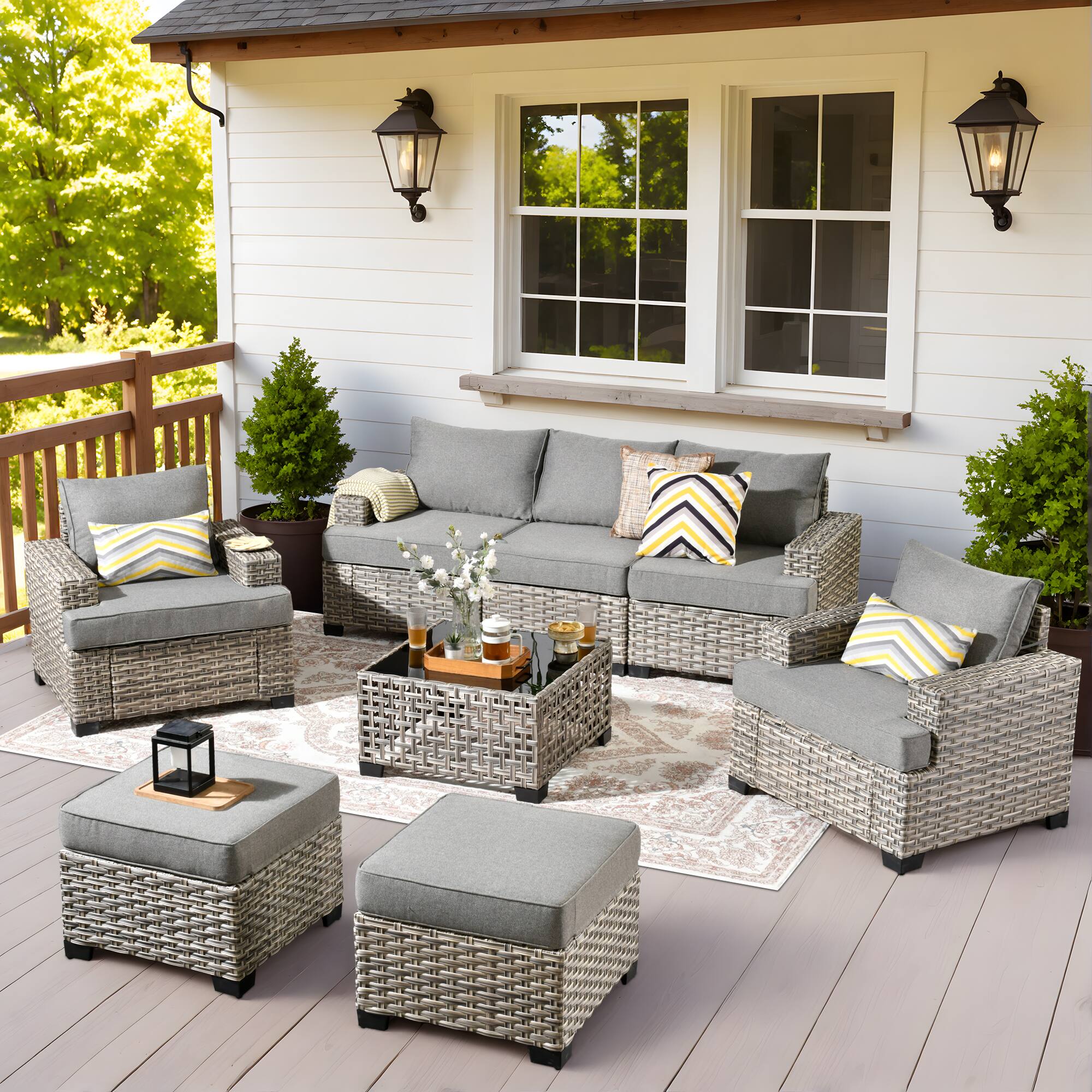 Ovios - 8 PCS Patio Furniture, Wicker Sofa with Coffee Table, High Back Armchair with Ottoman for Garden - Dark Gray