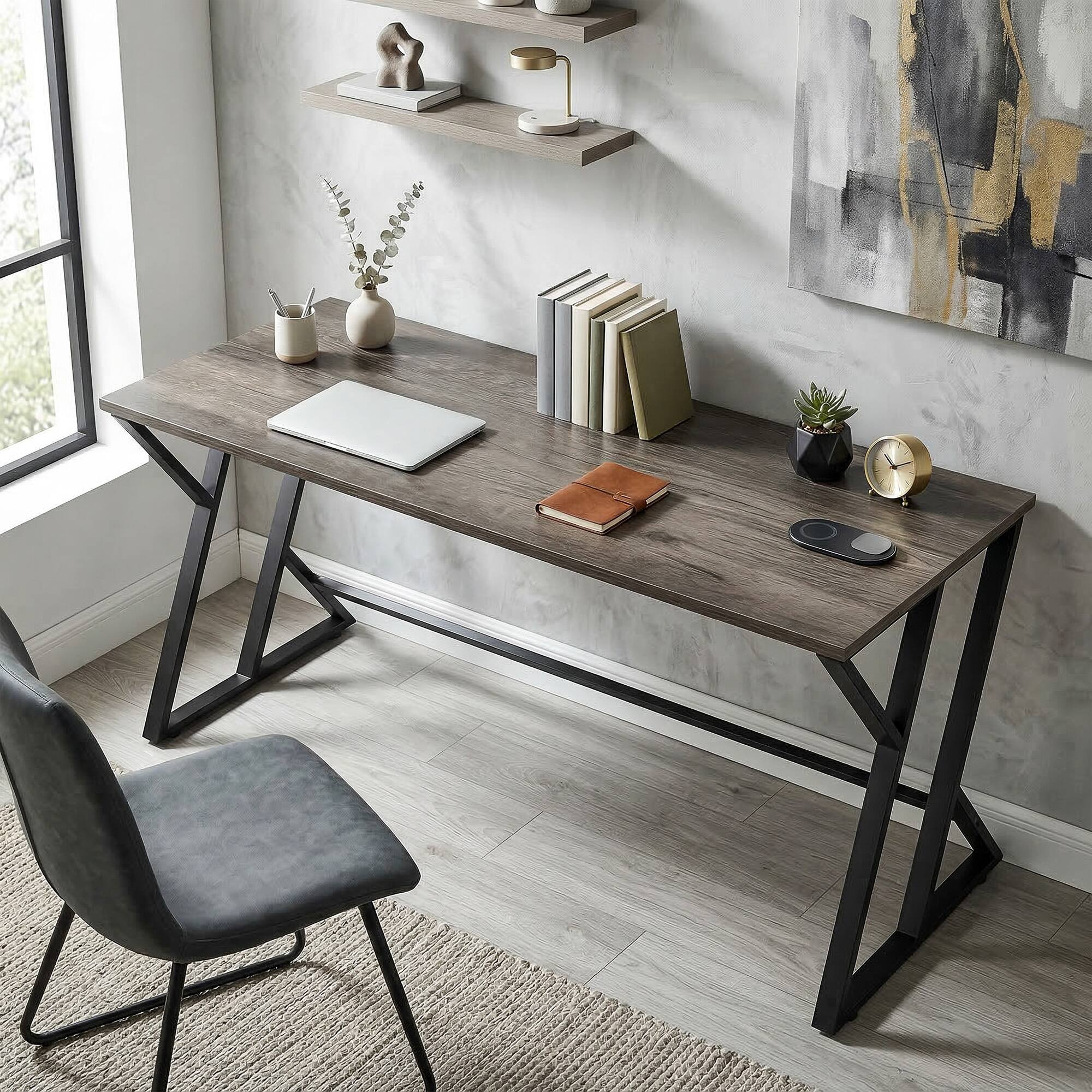 Alt View 1. Homcom - Inch Computer Desk, Industrial Writing Desk with Z-Shaped Metal Leg, Study Table for Home Office - Distressed Gray.