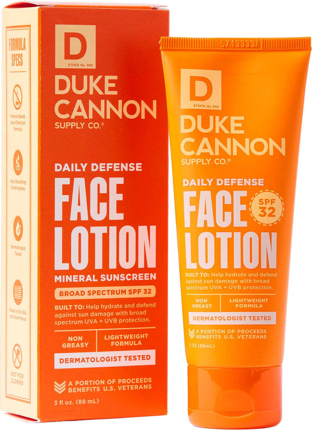 Duke Cannon Supply Co. Daily Defense Face Lotion SPF 32 is a mineral-based sunscreen that provides broad spectrum UVA and UVB protection. It is non-greasy, lightweight, and dermatologist tested. The product is made in the USA and benefits U.S. veterans. The 3 oz. (88 mL) tube is designed to help hydrate and defend against sun damage.