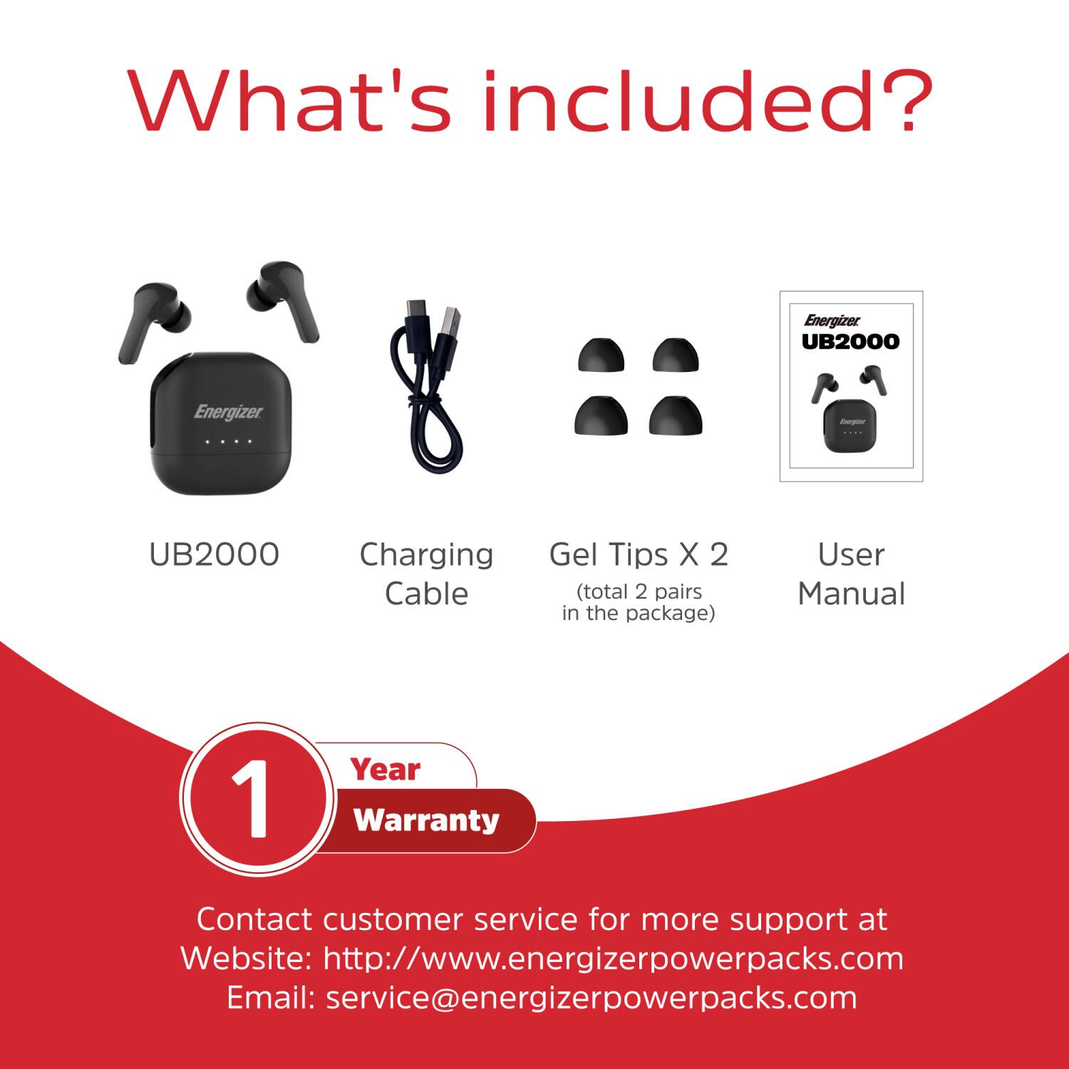 What's included?

- Energizer UB2000
- Charging Cable
- Gel Tips X 2 (total 2 pairs in the package)
- User Manual
- 1 Year Warranty

Contact customer service for more support at:
Website: http://www.energizerpowerpacks.com
Email: service@energizerpowerpacks.com