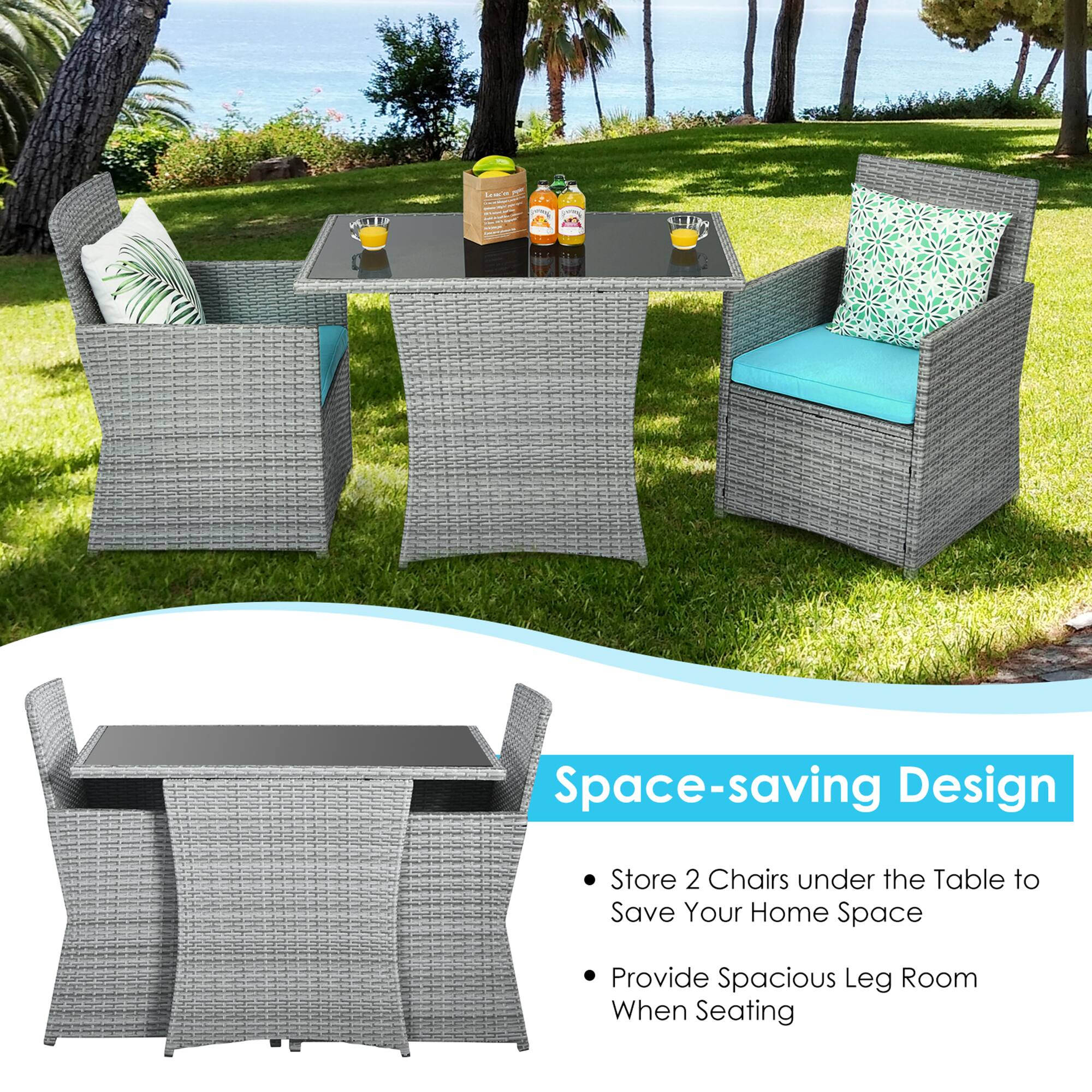 Space-saving Design

- Store 2 Chairs under the Table to Save Your Home Space
- Provide Spacious Leg Room When Seating