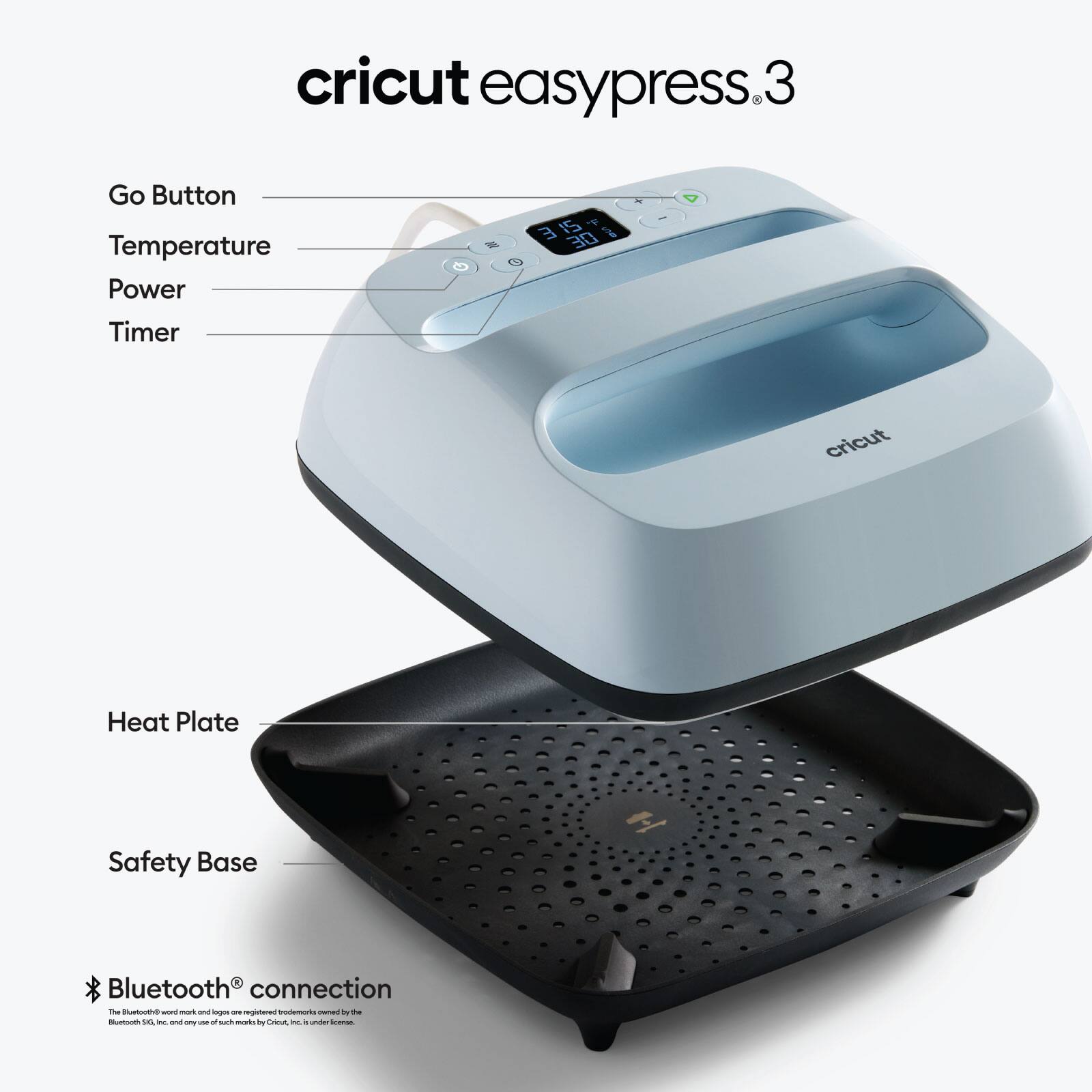 cricut easypress.3
Go Button
Temperature
Power
Timer
Heat Plate
Safety Base
Bluetooth connection