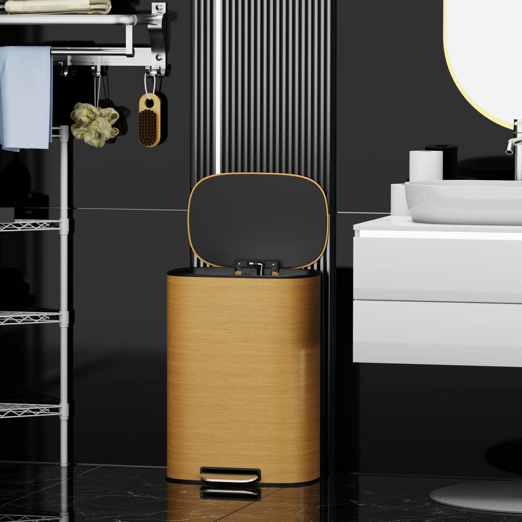 Back. GOODSILO - 13 Gallon Kitchen Foot Pedal Trash Can - Stainless Steel Ellipse Waste Bin - Wood Accent - Wood.