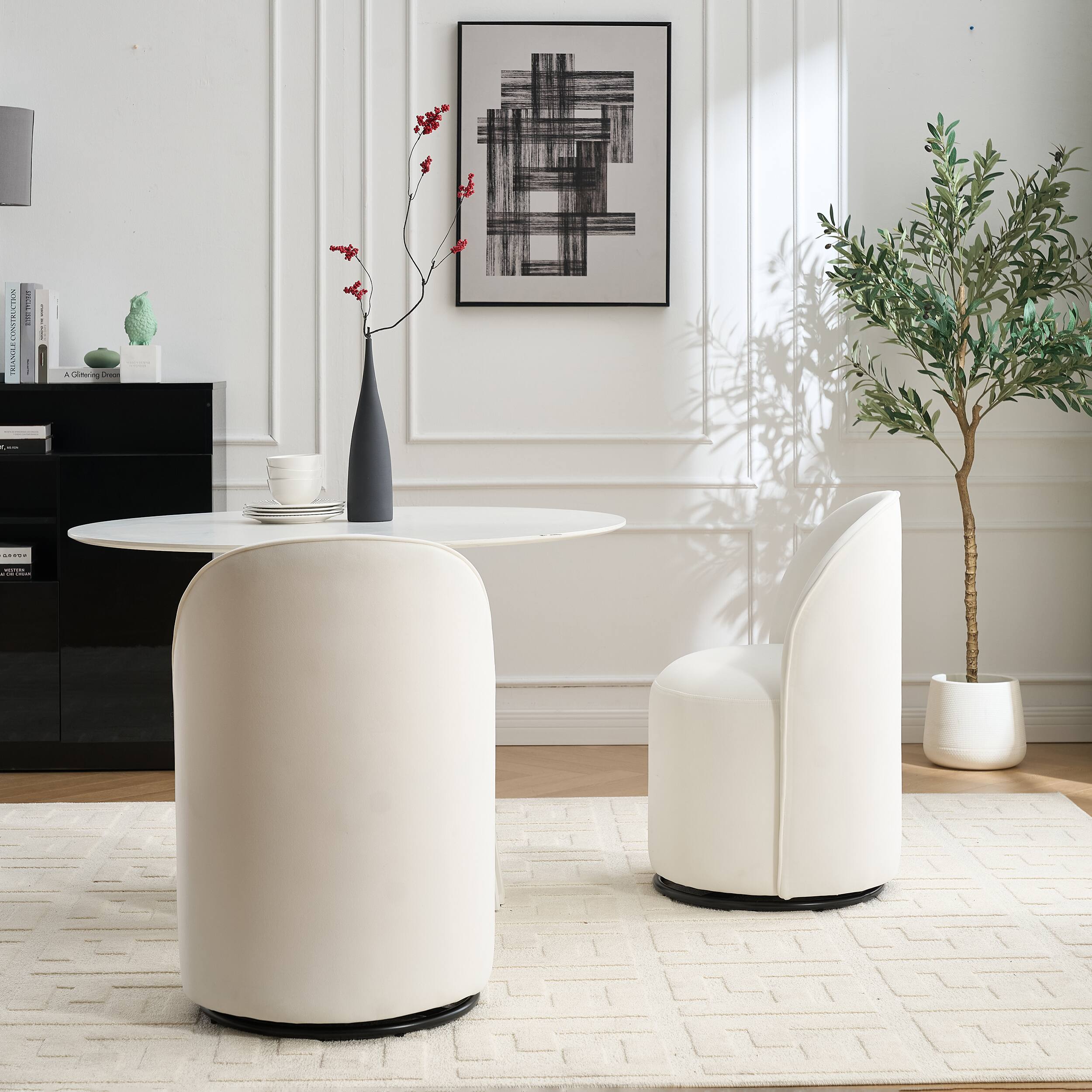 Left. Tiramisubest - Set of 1 Upholstered Barrel Chair,Mid Century Modern Round Velvet Dining Chair,360°Swivel Comfy Armless Accent Chair - Cream.