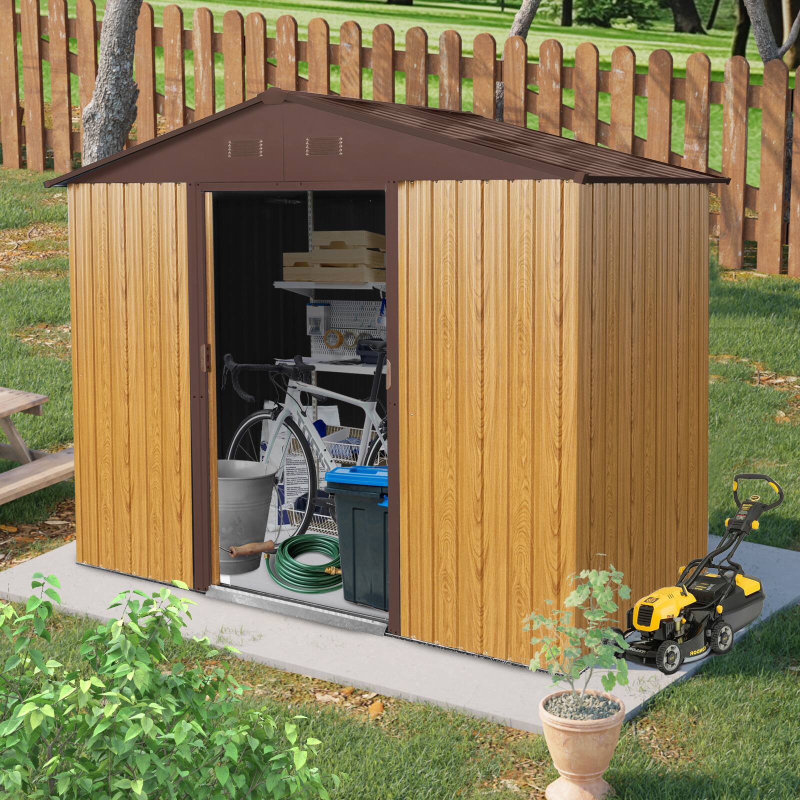 Left. Mondawe - 8ft x 4ft Outdoor Metal Storage Shed with Sliding Door and foundation - Coffee.