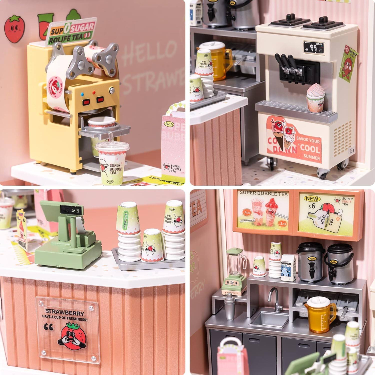 Sure, here is the corrected and grouped text from the image:

---

**Top Left:**
- SUP 0 SUGAR ROLIFE TEA
- HELLO STRAW

**Top Right:**
- KALIPE SUPER BUBBLE TEA
- SAVOR YOUR COOL SUMMER

**Middle Left:**
- STRAWBERRY HAVE A CUP OF FRESHNESS!

**Middle Right:**
- SUPER BUBBLE TEA
- NEW
- SUPER TEA
- $6
- ICED TEA

**Bottom Left:**
- 12.9

**Bottom Right:**
- SUPER BUBBLE TEA
- SUPER TEA

---

This text is extracted from the various parts of the image, maintaining the original context and grouping them accordingly.