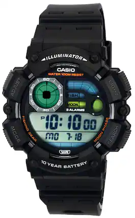 ILLUMINATOR
CASIO
WATER 100M RESIST
LIGHT
FISH
MOON
3 ALARMS
FISHING GEAR
PHASE
SEARCH
WR
10 YEAR BATTERY