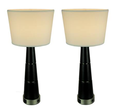 Front. Merchandise USA - Set of 2 Black Tapered Table Lamps With Built-In Power Outlets - Black.