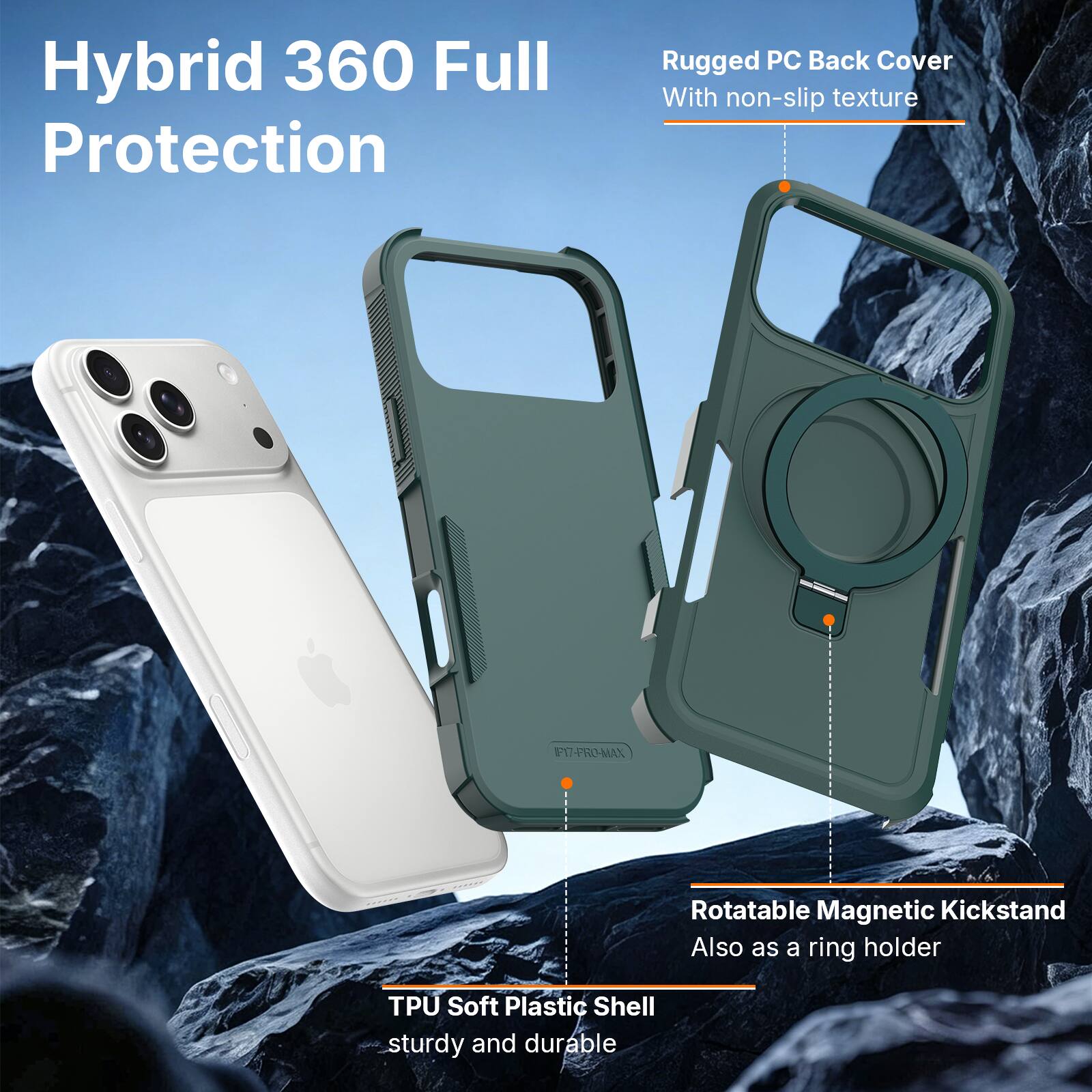 Hybrid 360 Full Protection

Rugged PC Back Cover With non-slip texture

Rotatable Magnetic Kickstand Also as a ring holder

TPU Soft Plastic Shell sturdy and durable