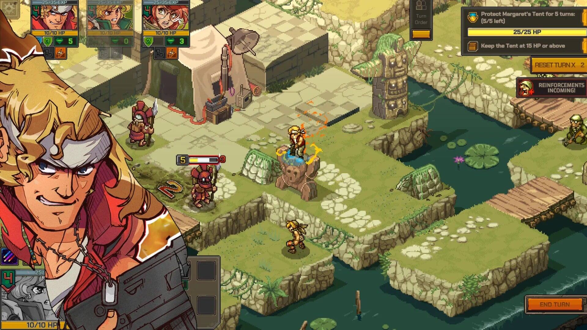 25/35-EXP 4  
25/35EX  
25/3S-EXP 4  

Turn Order  

Protect Margaret's Tent for 5 turns: (5/5 left)  
25/25 HP  

Keep the Tent at 15 HP or above  

RESET TURN x 2  

REINFORCEMENTS INCOMING!  

END TURN  

10/10 HP