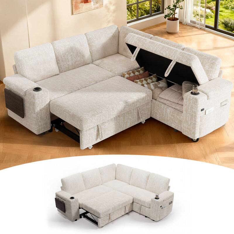 Angle. Dyonery - 85" Modular Sectional Sofa with Pull Out Bed,Chenille Fabric 5 Seat Sectional Sofa with Storage,for Living Room - Beige.