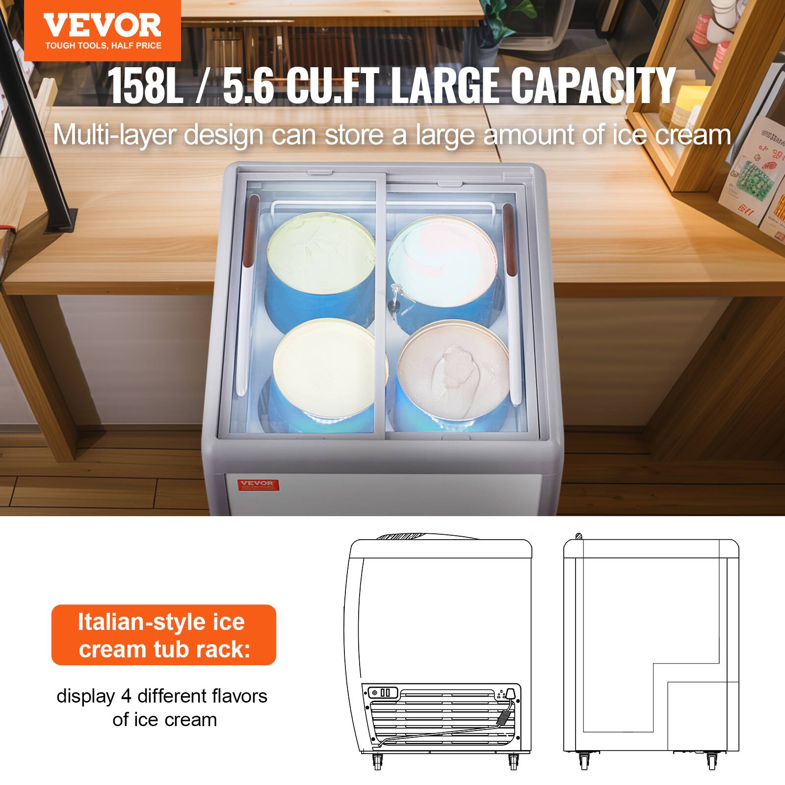 VEVOR TOUGH TOOLS, HALF PRICE 158L / 5.6 CU.FT LARGE CAPACITY Multi-layer design can store a large amount of ice cream

VEVOR Italian-style ice cream tub rack: display 4 different flavors of ice cream