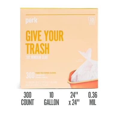 perk  
GIVE YOUR TRASH THE WINDOW SEAT  
TIME TO COME CLEAN  

300 COUNT  
10 GALLON  
24" x 24"  
0.36 MIL
