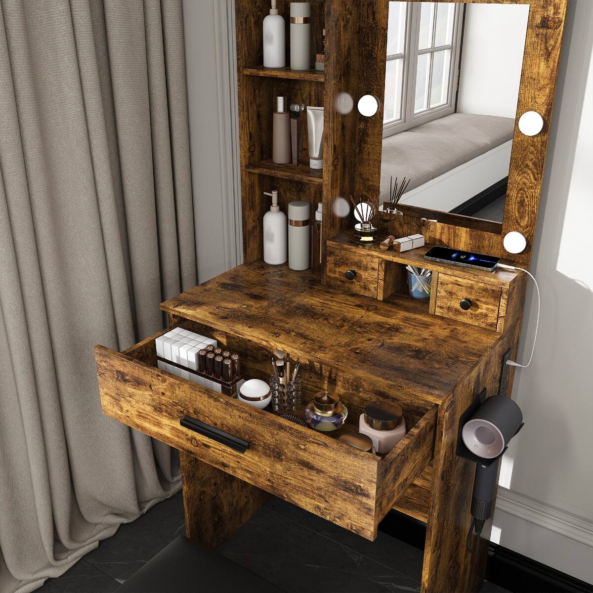 Alt View 6. Loheer - Loheer Makeup Vanity with Mirror and LED Lights, Vintage Dressing Table with Stool for Bedroom - Vintage.