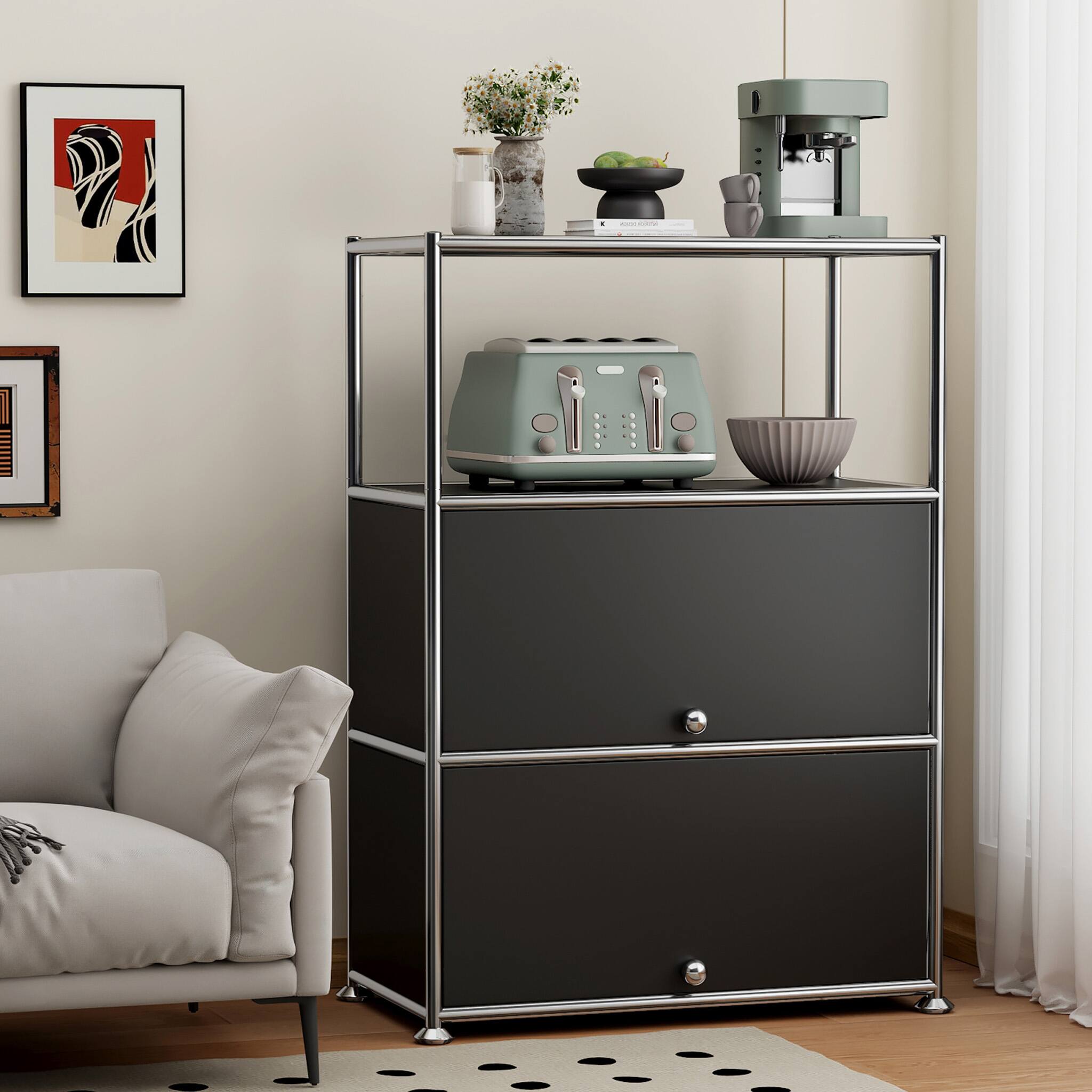 Back. Malletson - 3-Tier Metal Sideboard Buffet Storage Cabinet Modern Grid-Style, for Dining Room, Living Room or Office - Black.