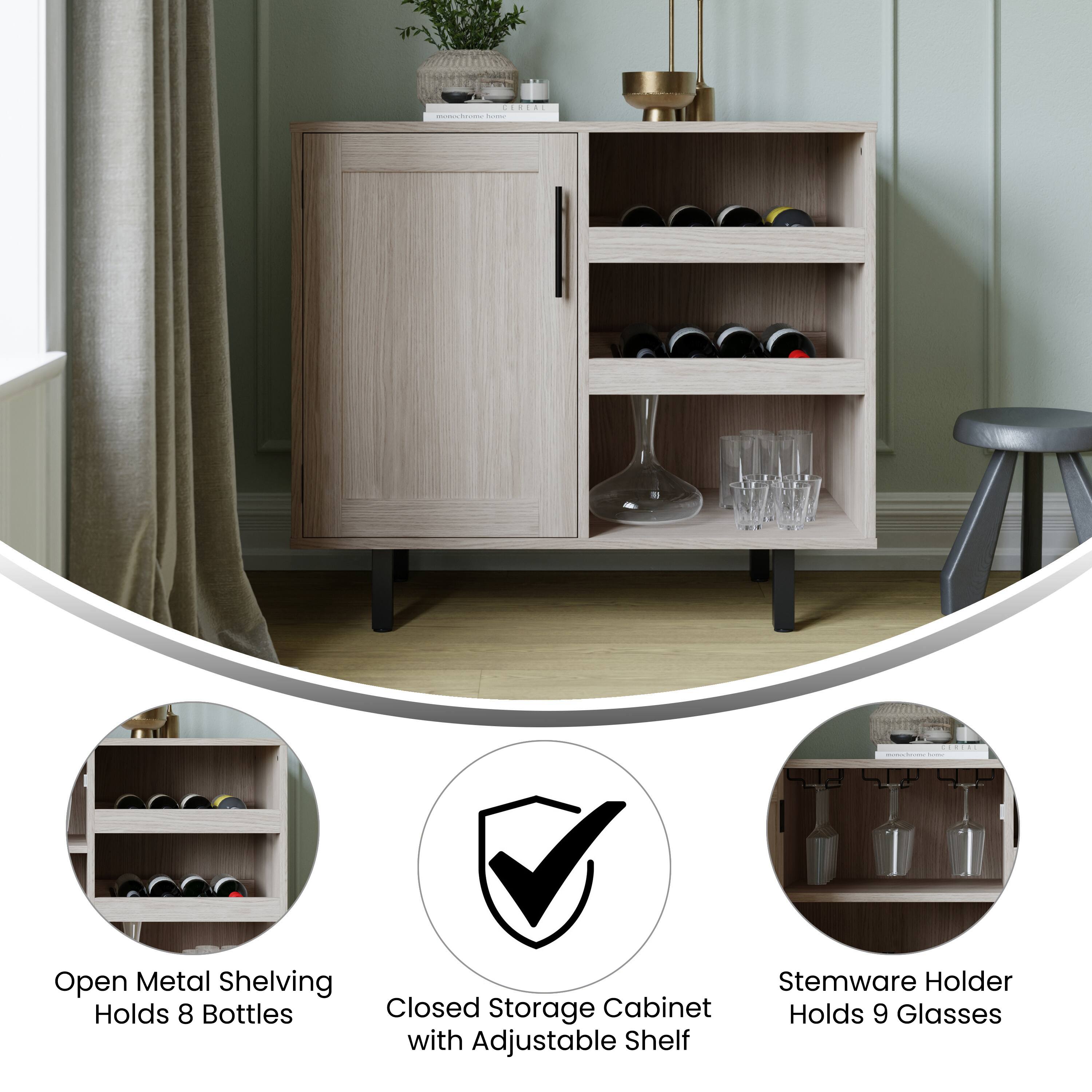 ERCAL - Open Metal Shelving Stemware Holder Holds 8 Bottles Closed Storage Cabinet Holds 9 Glasses with Adjustable Shelf