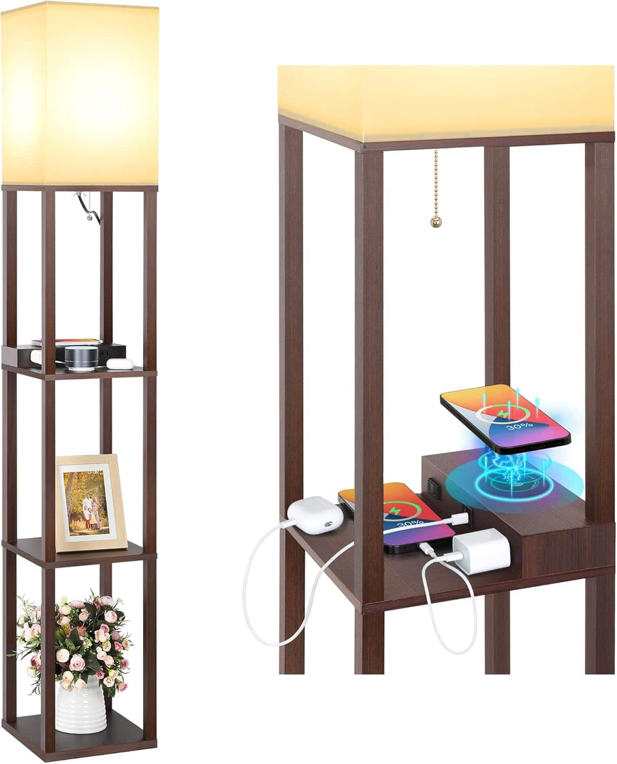 Cozy Serene - Black white Floor Lamp Lamp Modern Wireless USB wood Shelf with Charger Fast Charging Ports Type Power - Brown