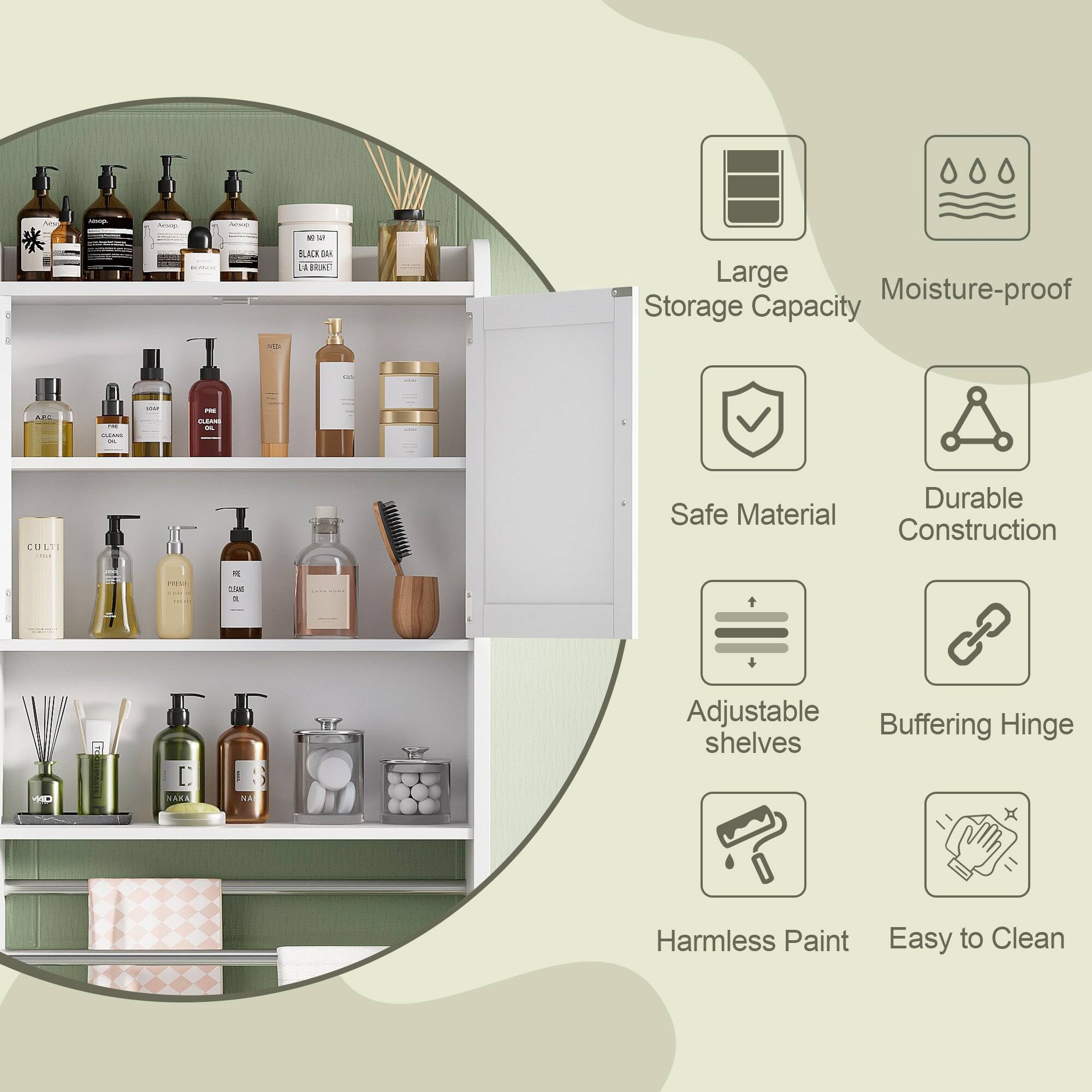 - Large Moisture-proof Storage Capacity
- Safe Material Construction
- Durable
- Adjustable shelves
- Buffering Hinge
- Harmless Paint
- Easy to Clean