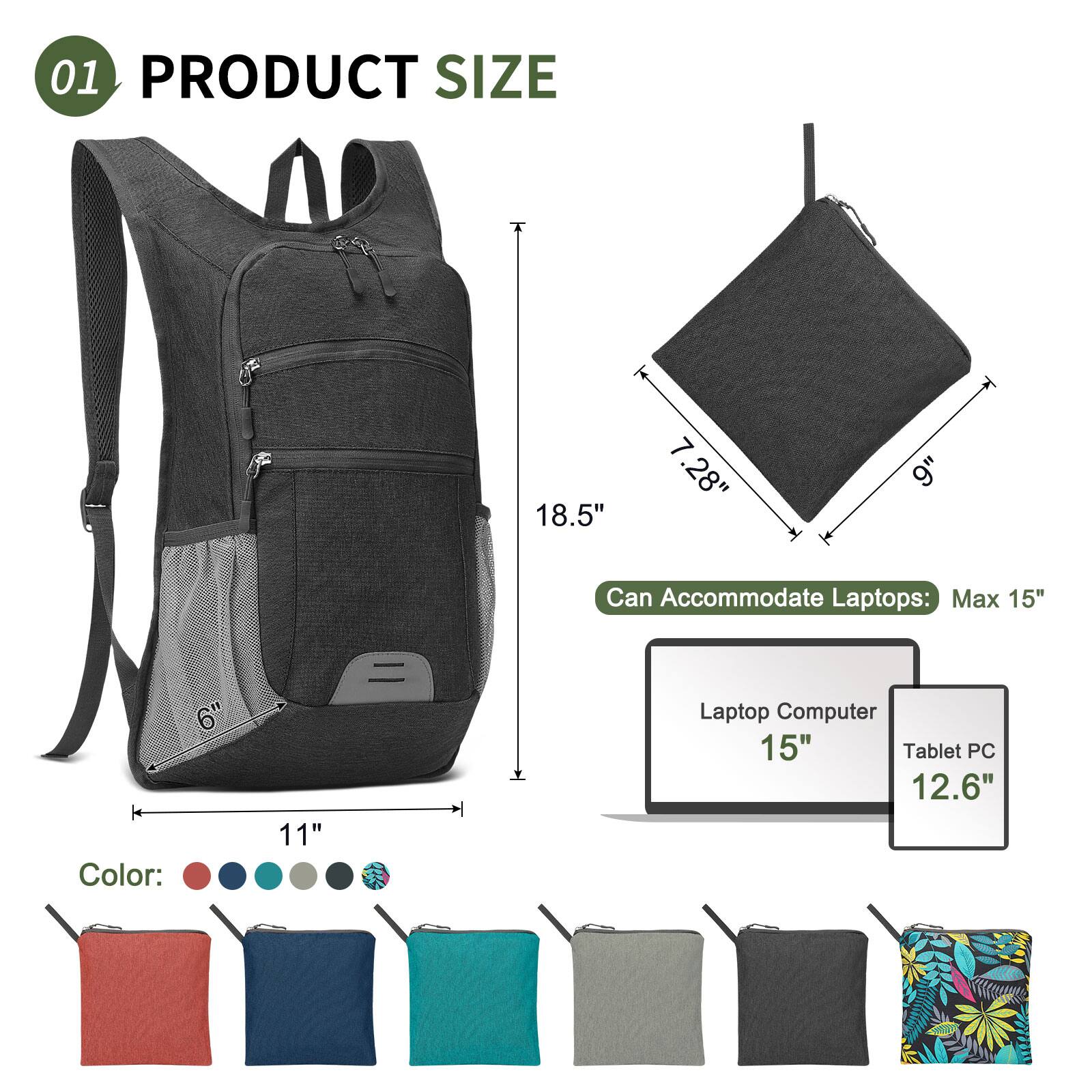 01 PRODUCT SIZE

- Height: 18.5"
- Width: 11"
- Depth: 7.28" (9")

Can Accommodate Laptops: Max 15"

- Laptop Computer: 15"
- Tablet PC: 12.6"

Color: [Color options shown in the image]