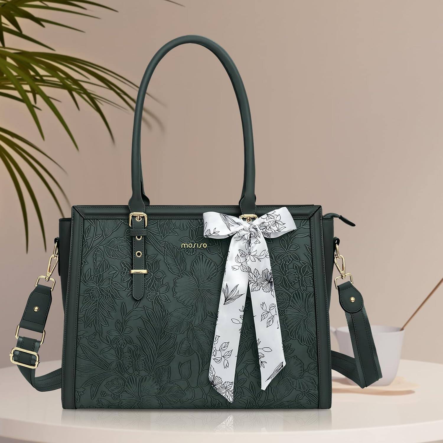 Left. mosiso - Laptop Bag for Women 15-15.6 inch PU Leather Tote Bag Work Briefcase Computer Bags - Emerald Green.