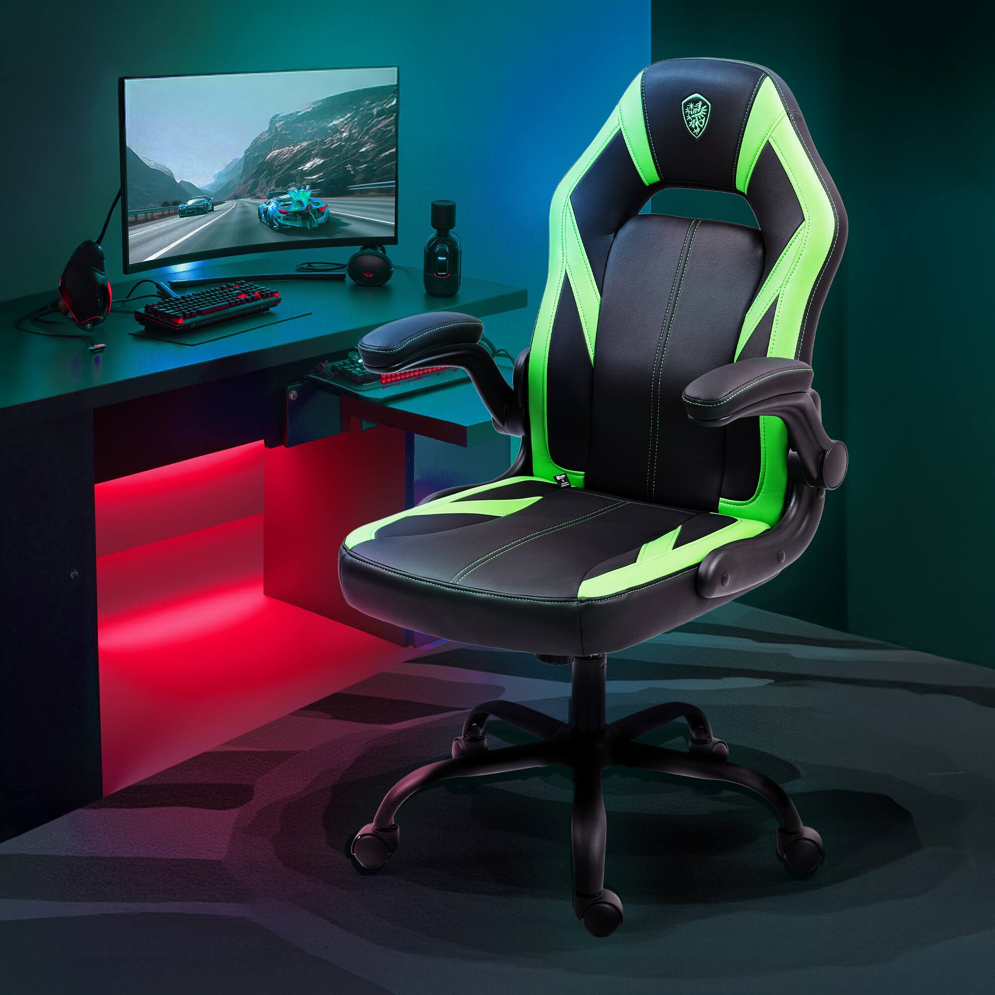 Dowinx - Breathable PU Leather Gamer Chair with Pocket Spring Cushion, Swivel Desk Chair with adjustable seat - Black Green price history on PriceWatchPro