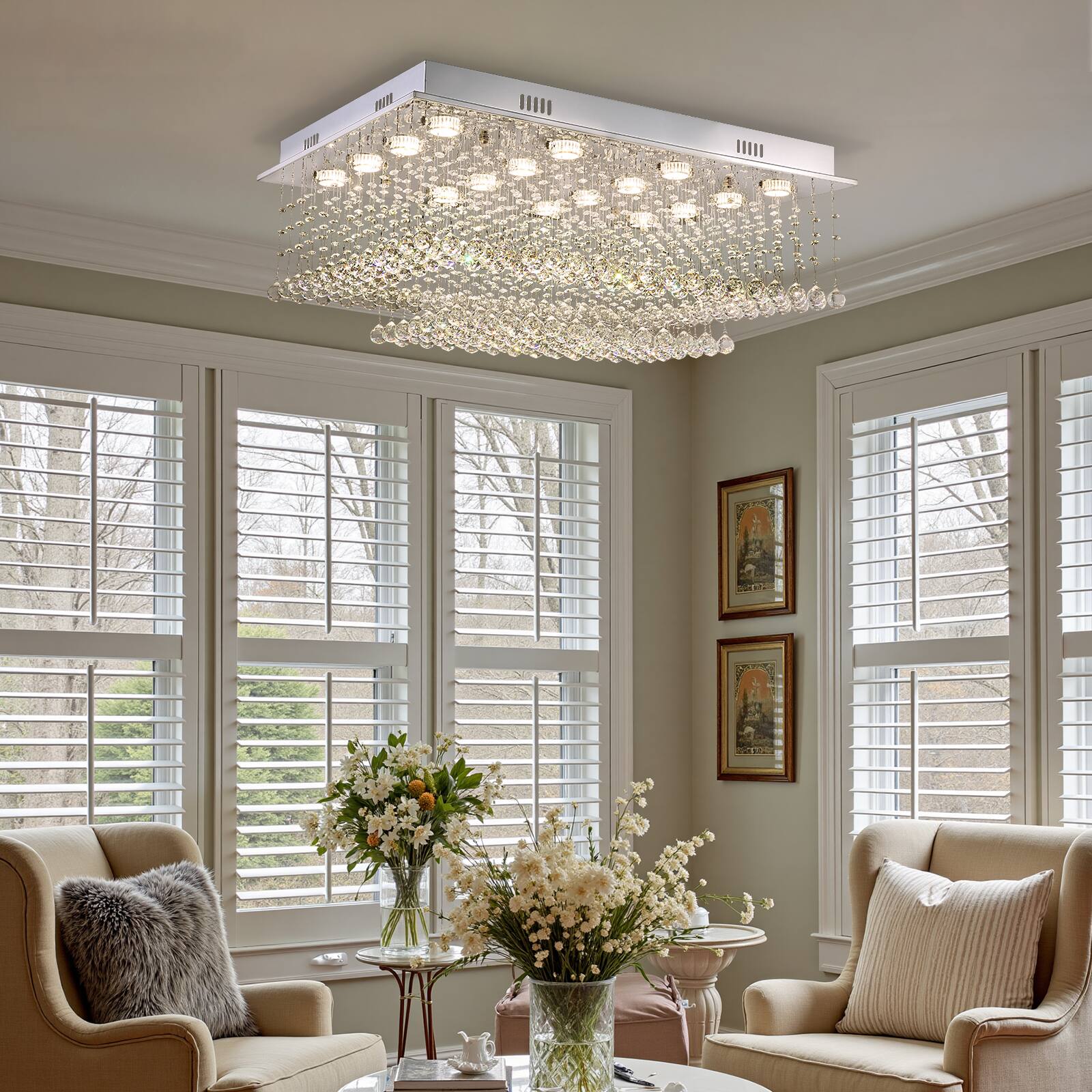 Left. Siljoy - 35.4" Luxury Rectangular K9 Crystal Flush Mount Light, Modern Waterfall Chandelier for Living Room Dining Foyer - Chrome.