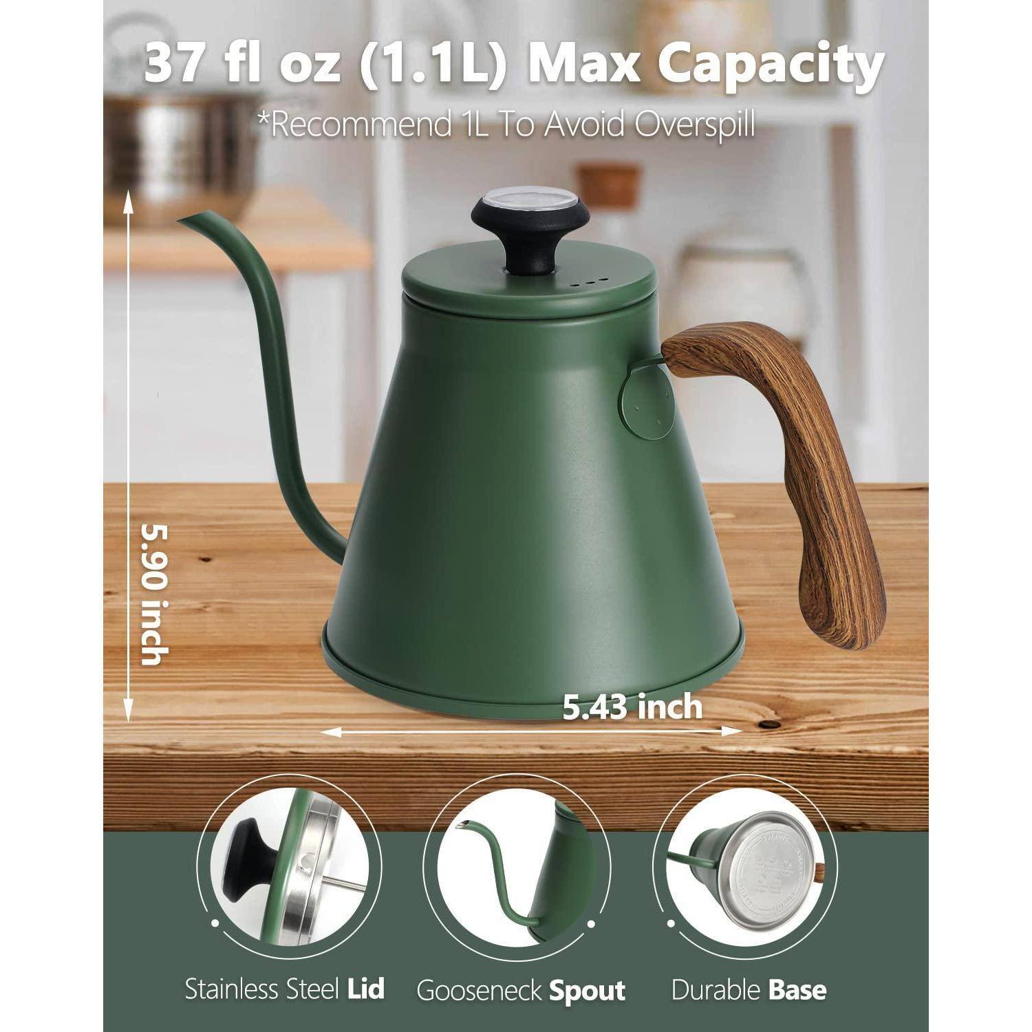 37 fl oz (1.1L) Max Capacity  
*Recommend 1L To Avoid Overspill  

5.90 inch  
5.43 inch  

Stainless Steel Lid  
Gooseneck Spout  
Durable Base