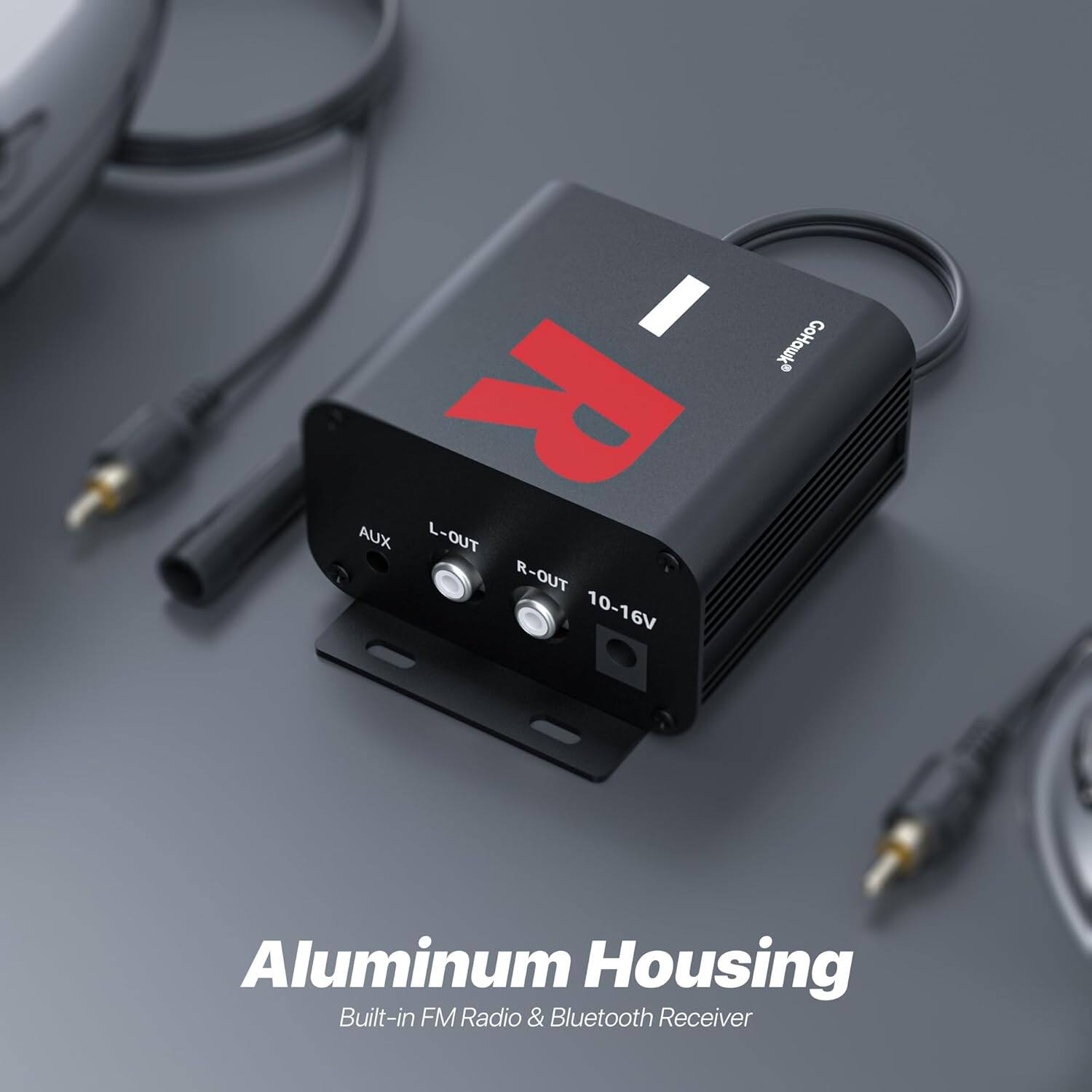 I GoHawk R AUX L-OUT R-OUT 10-16V Aluminum Housing Built-in FM Radio & Bluetooth Receiver