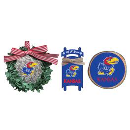 The Memory Company - Kansas Jayhawks Three-Pack Wreath, Sled & Circle Ornament Set - Multicolor
