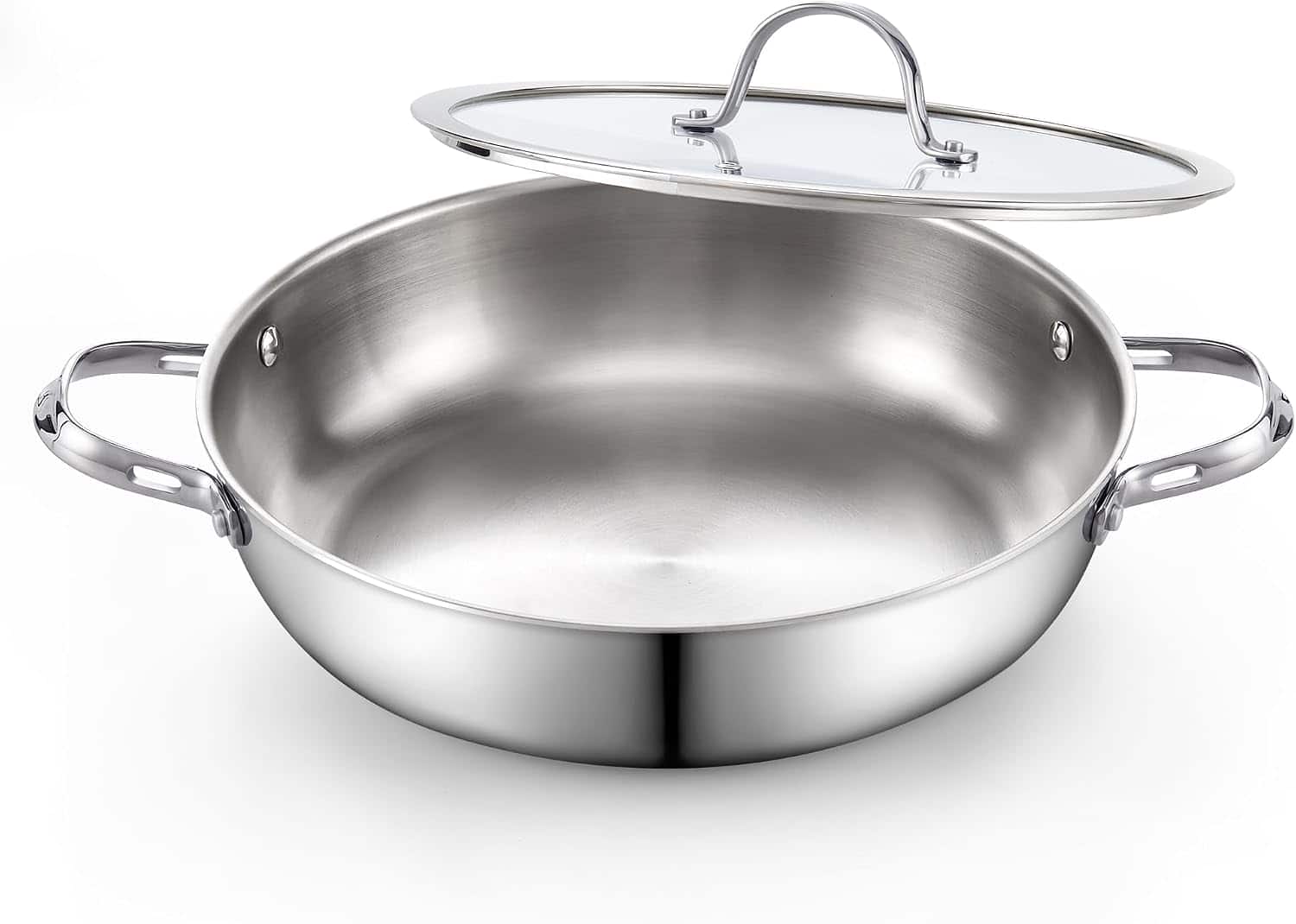 Cooks Standard - Multi-Ply Clad 12Inch S/S Wok Stir Fry Pan W/Glass Lid Everyday Chef's Pan Flat Bottom Wok Induction - Stainless Steel
